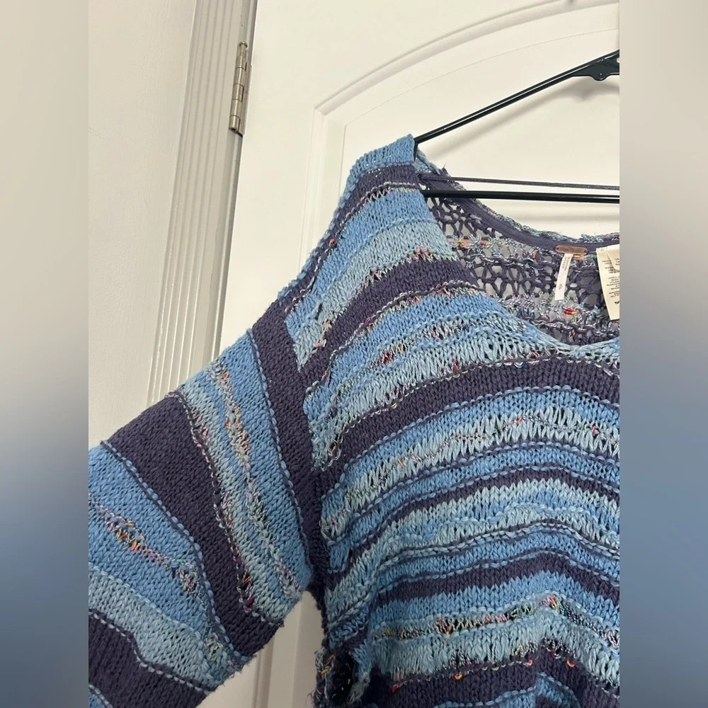 Free People Lake Life Pullover Sweater Bottled Blue Combo size small Chunky Knit - Picture 7 of 13
